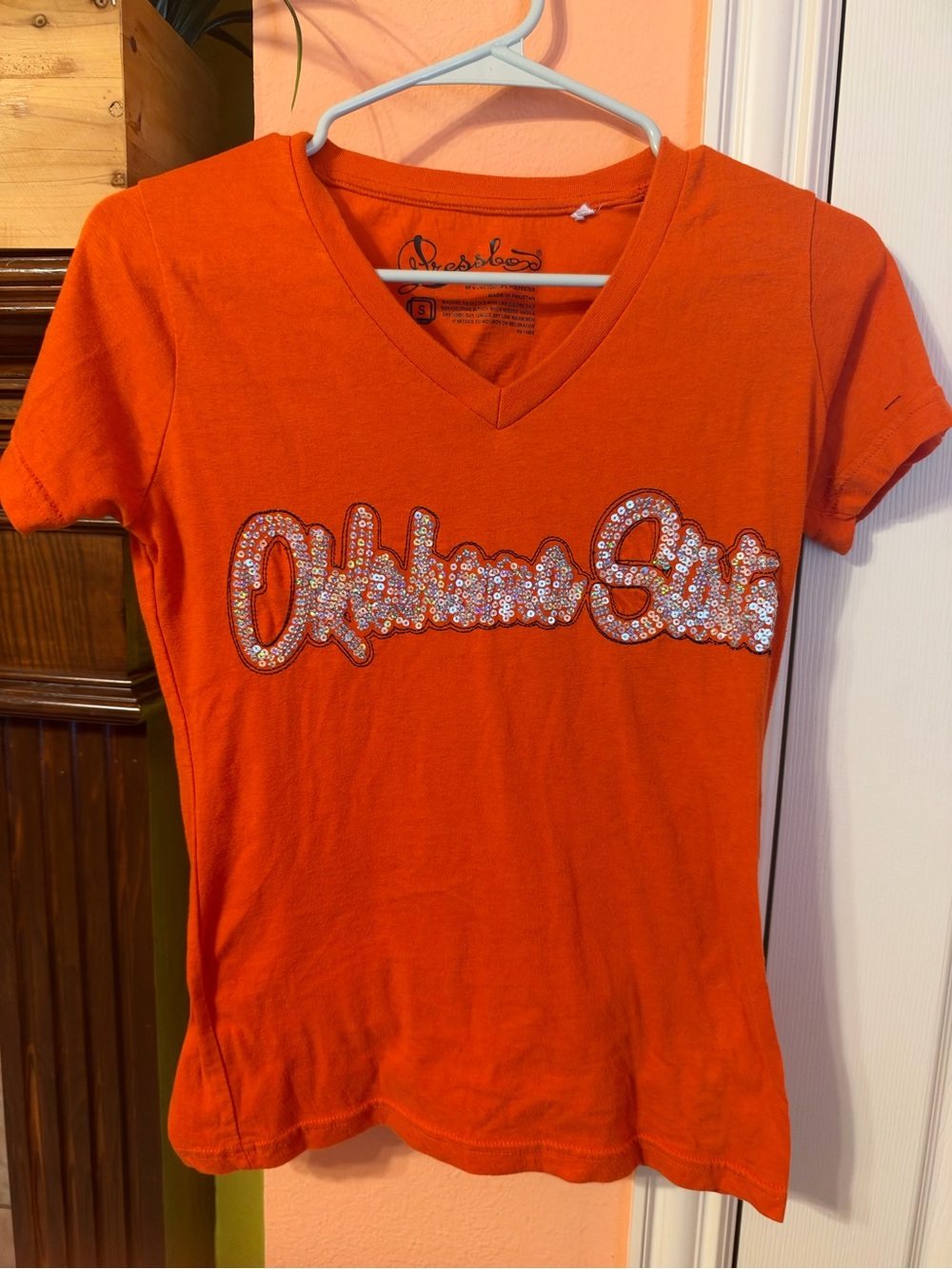 Oklahoma State Pressbox Orange Embellished V-Neck Tee